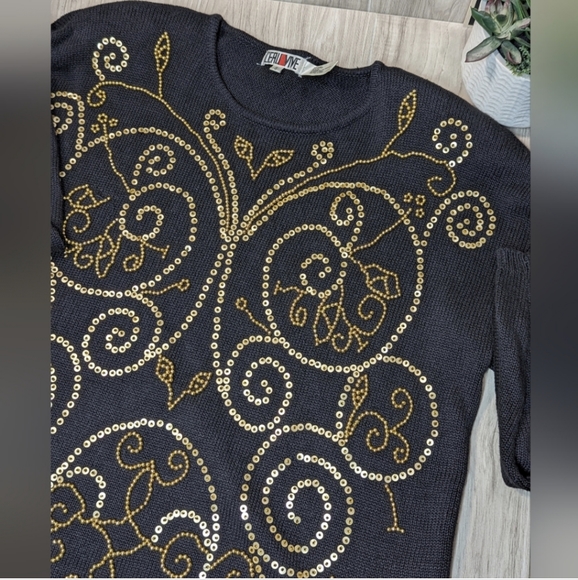Womens Sweater Dress Black & Gold Beaded Spangles Size Small VTG 80s L'EAU VIVE - Picture 6 of 15